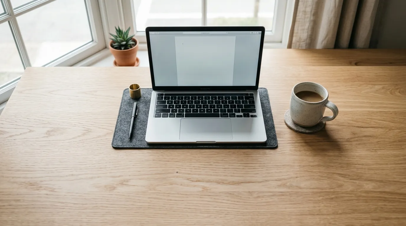 Moderní minimalistické pracoviště s notebookem a přirozeným světlem, symbolizující efektivní vývoj aplikací.