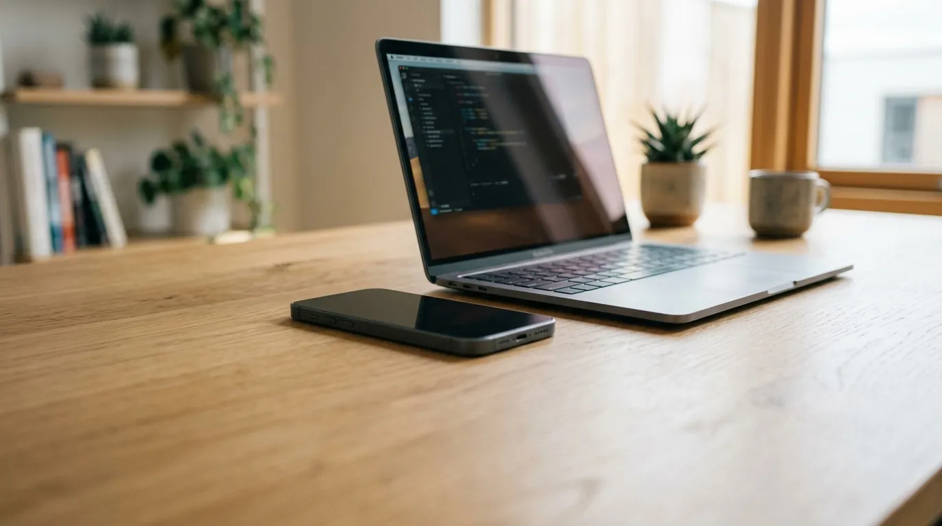 Moderní smartphone a notebook na dřevěném stole v prosvětleném interiéru.