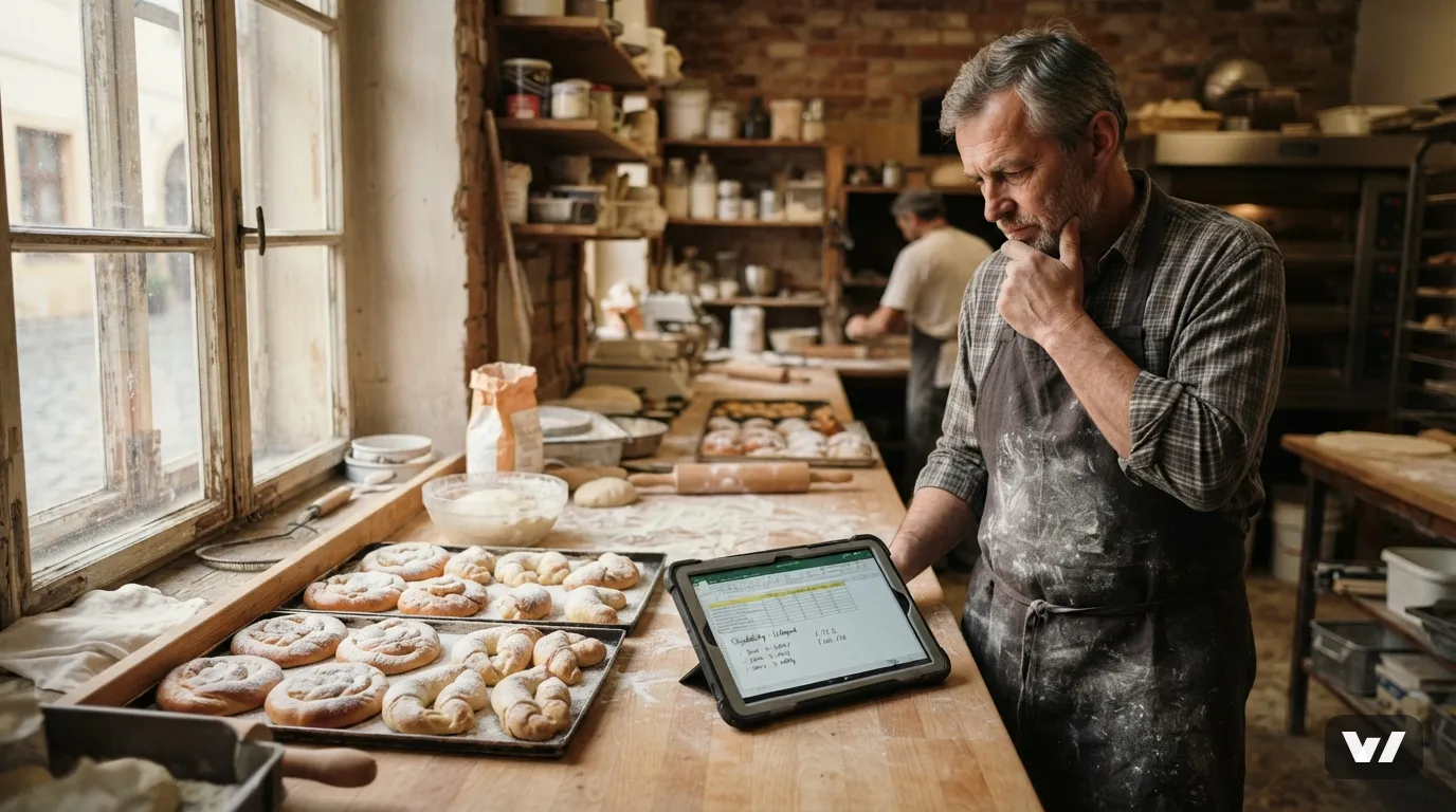 Pekař v české řemeslné pekárně prohlíží tablet na pultu s pečivem.