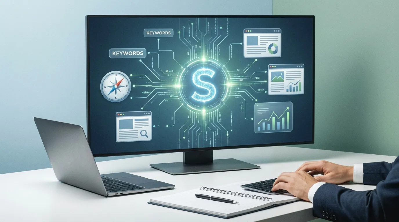 Ilustrace SEO optimalizace pro vyhledávače s grafy růstu a lupou.