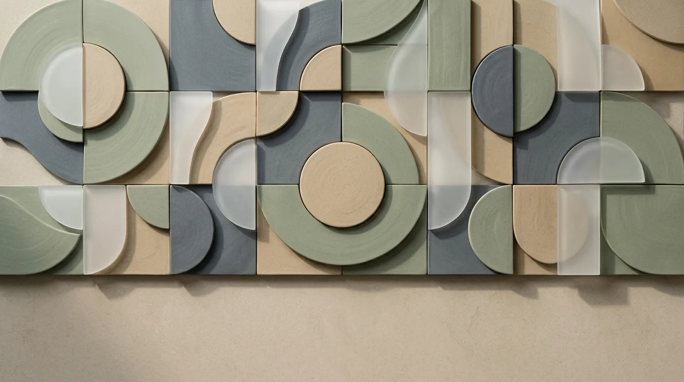 Abstraktní kompozice matných geometrických ploch a skla v přírodních tónech, symbolizující strukturu a přesnost AI.