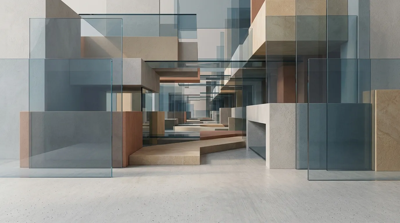 Minimalistický abstraktní obraz s geometrickými tvary a skleněnými panely symbolizujícími AI architekturu.