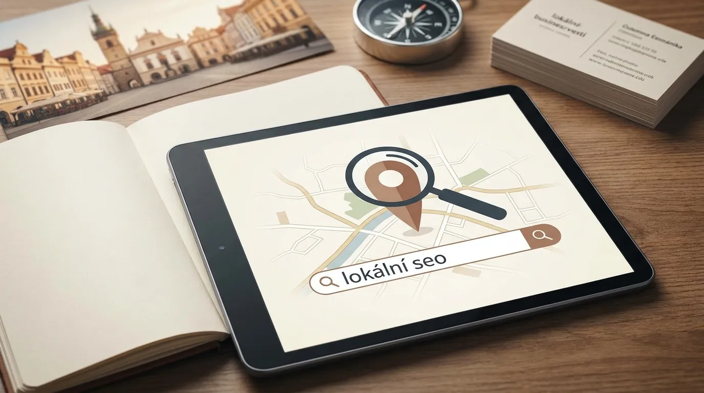 Mapa s lokalizačními body a lupou znázorňující lokální SEO.