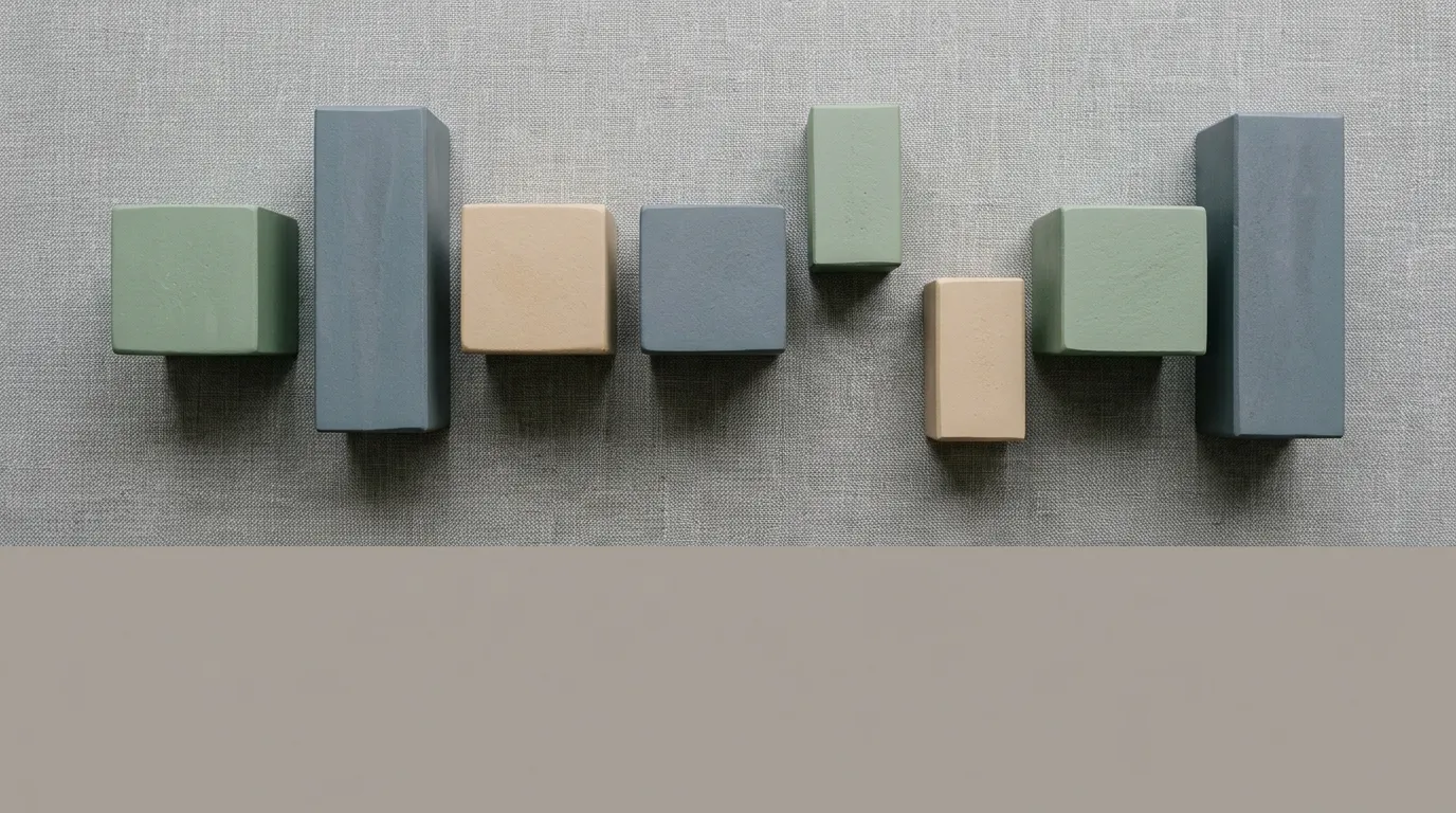 Minimalistické geometrické tvary v tlumených barvách znázorňující přerušenou strukturu a odklad.