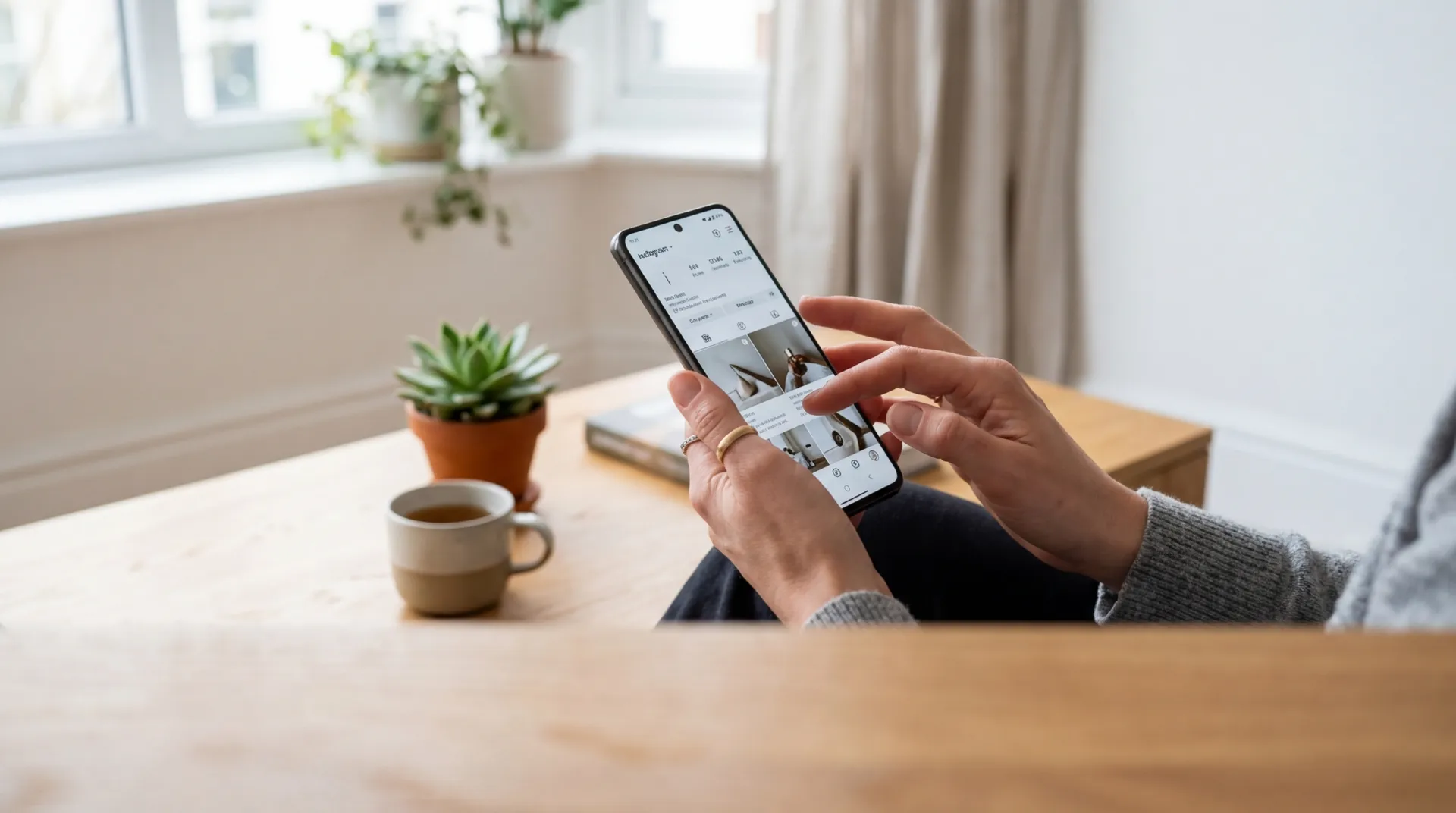 Detailní záběr na ruce držící chytrý telefon v přirozeném denním světle v moderním interiéru.