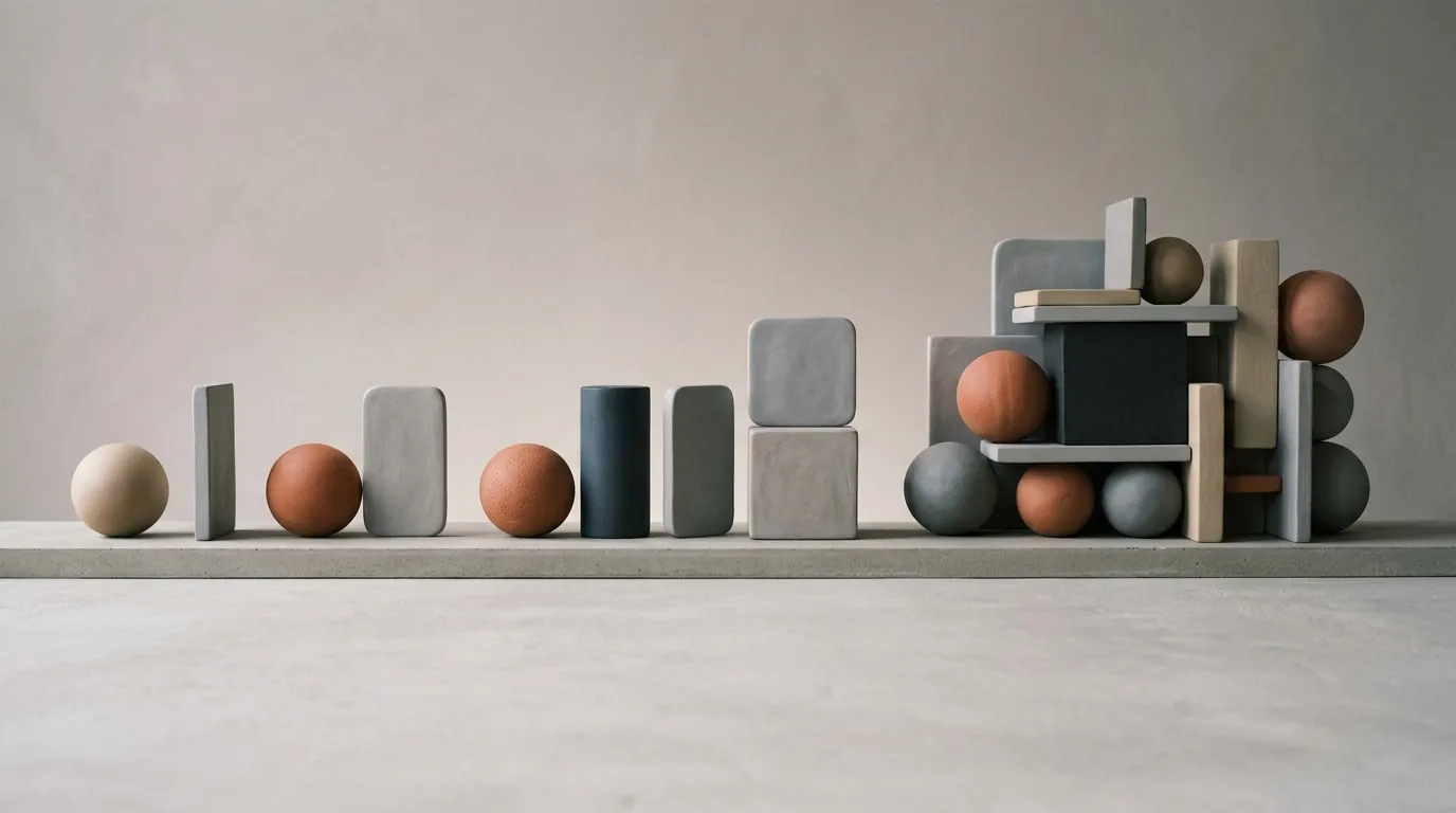 Abstraktní geometrické tvary v tlumených barvách znázorňující strukturovaný systém a technologický pokrok.