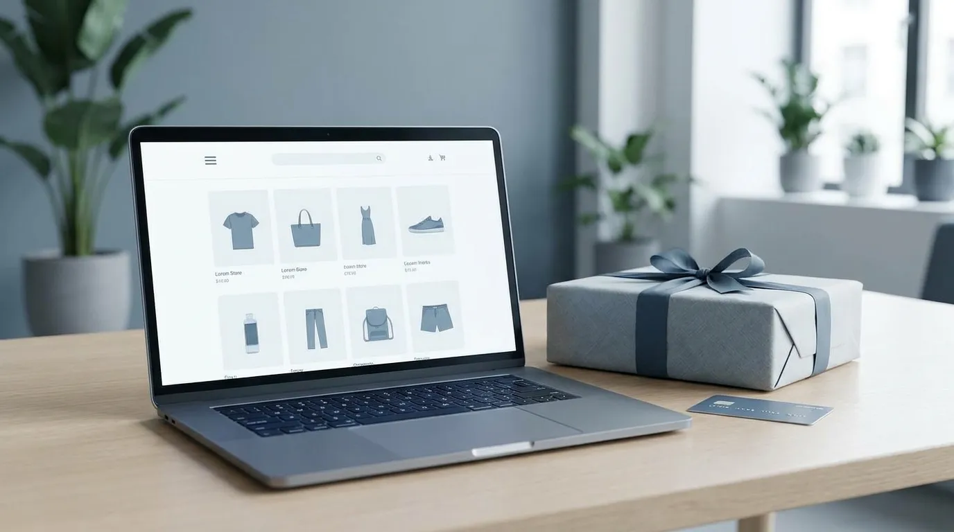 Notebook se zobrazeným e-shopem a nákupním košíkem.