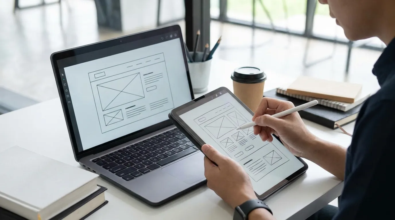 Moderní notebook se zobrazeným grafickým návrhem nových webových stránek.