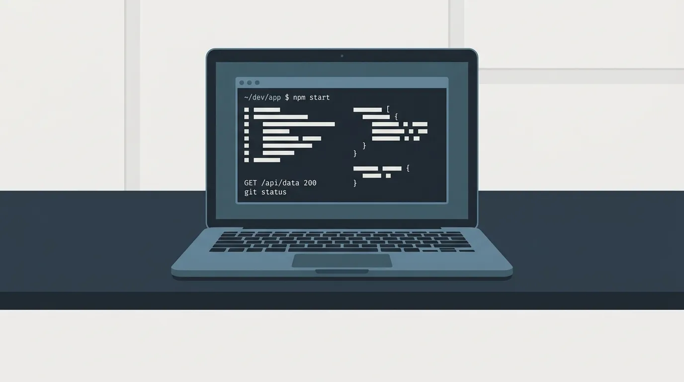 Plochá ilustrace notebooku s terminálem na čistém pracovním stole v tlumených barvách.