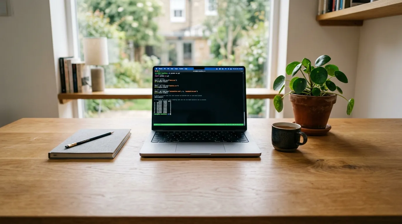 Detailní záběr na notebook s otevřeným terminálem na minimalistickém pracovním stole s rostlinou a hrnkem.