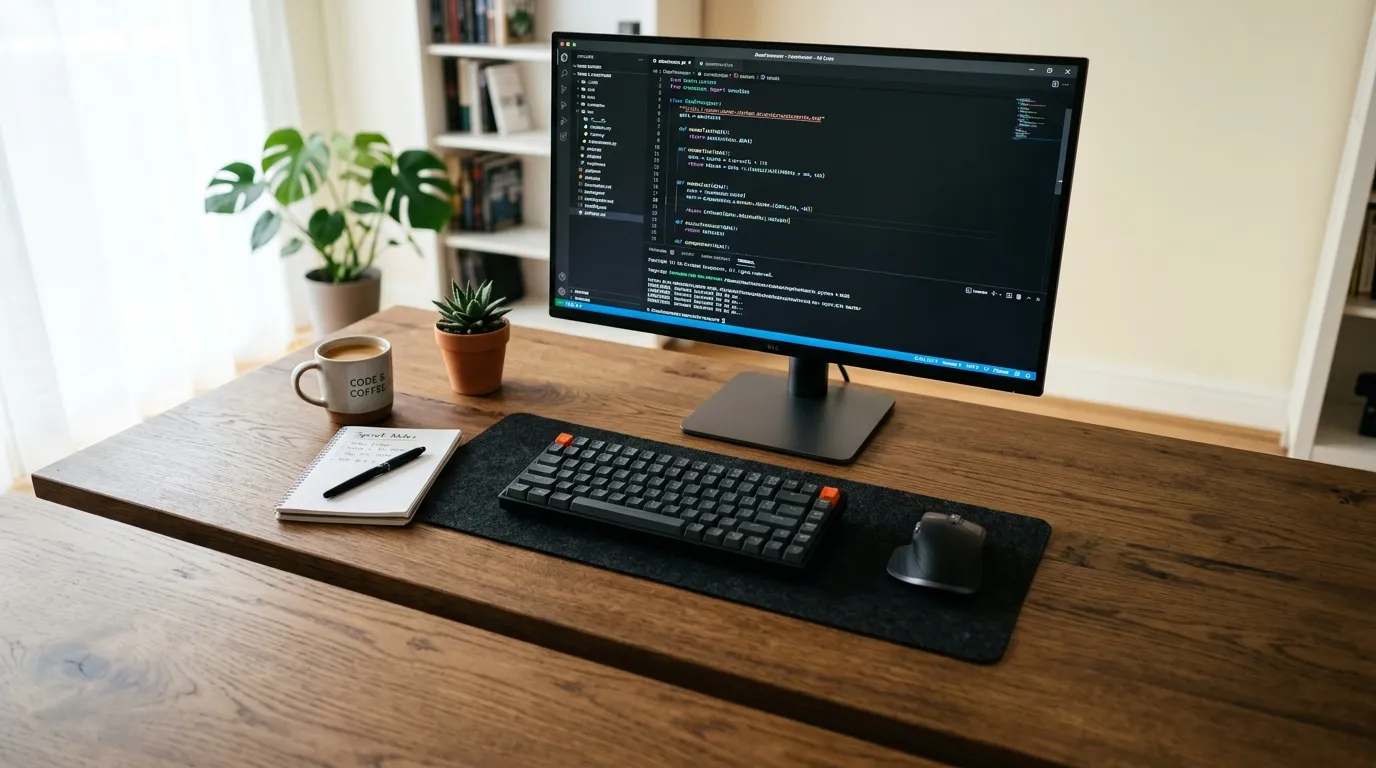 Minimalistický pracovní stůl s monitorem zobrazujícím kód, osvětlený přirozeným denním světlem.