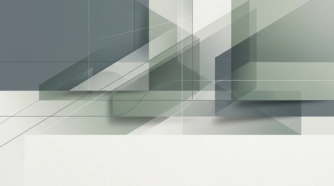 Abstraktní geometrická kompozice s vrstvenými tvary v tlumených barvách, symbolizující strukturu dat a kódu.