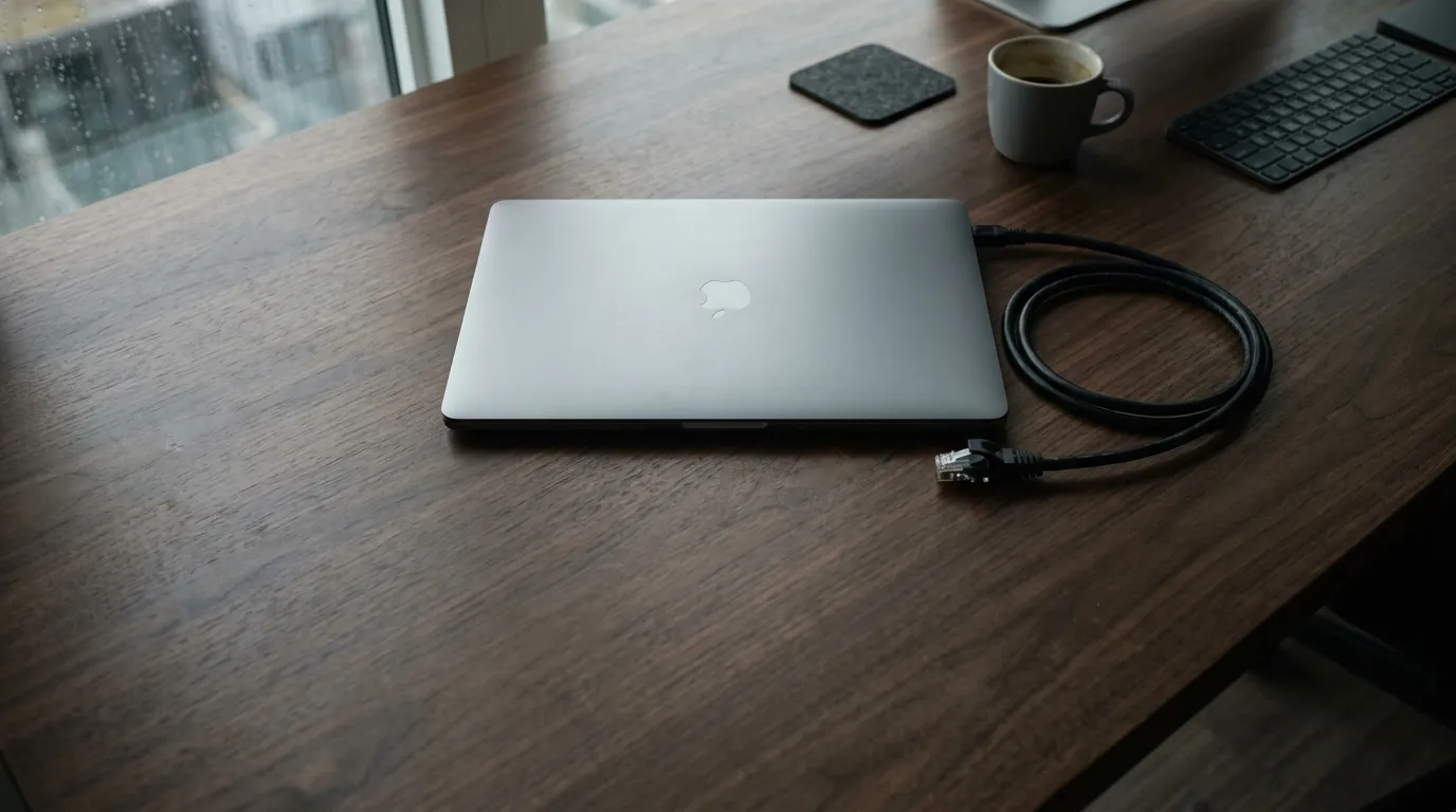 Detailní záběr na odpojený síťový kabel vedle zavřeného notebooku na tmavém dřevěném stole v přirozeném světle.