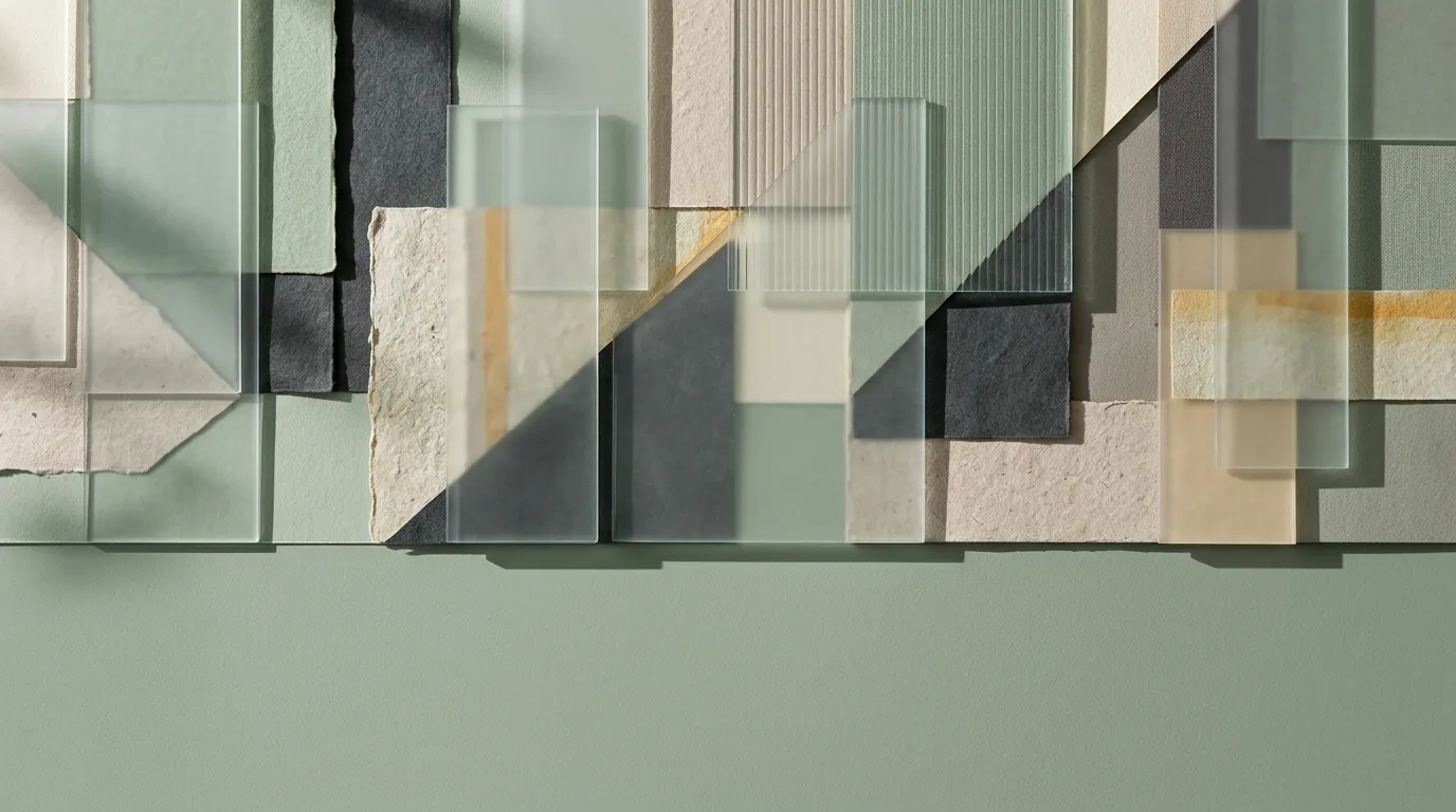 Geometrické vrstvy v tlumených barvách s přirozeným světlem a stíny, symbolizující stabilitu a budoucnost.